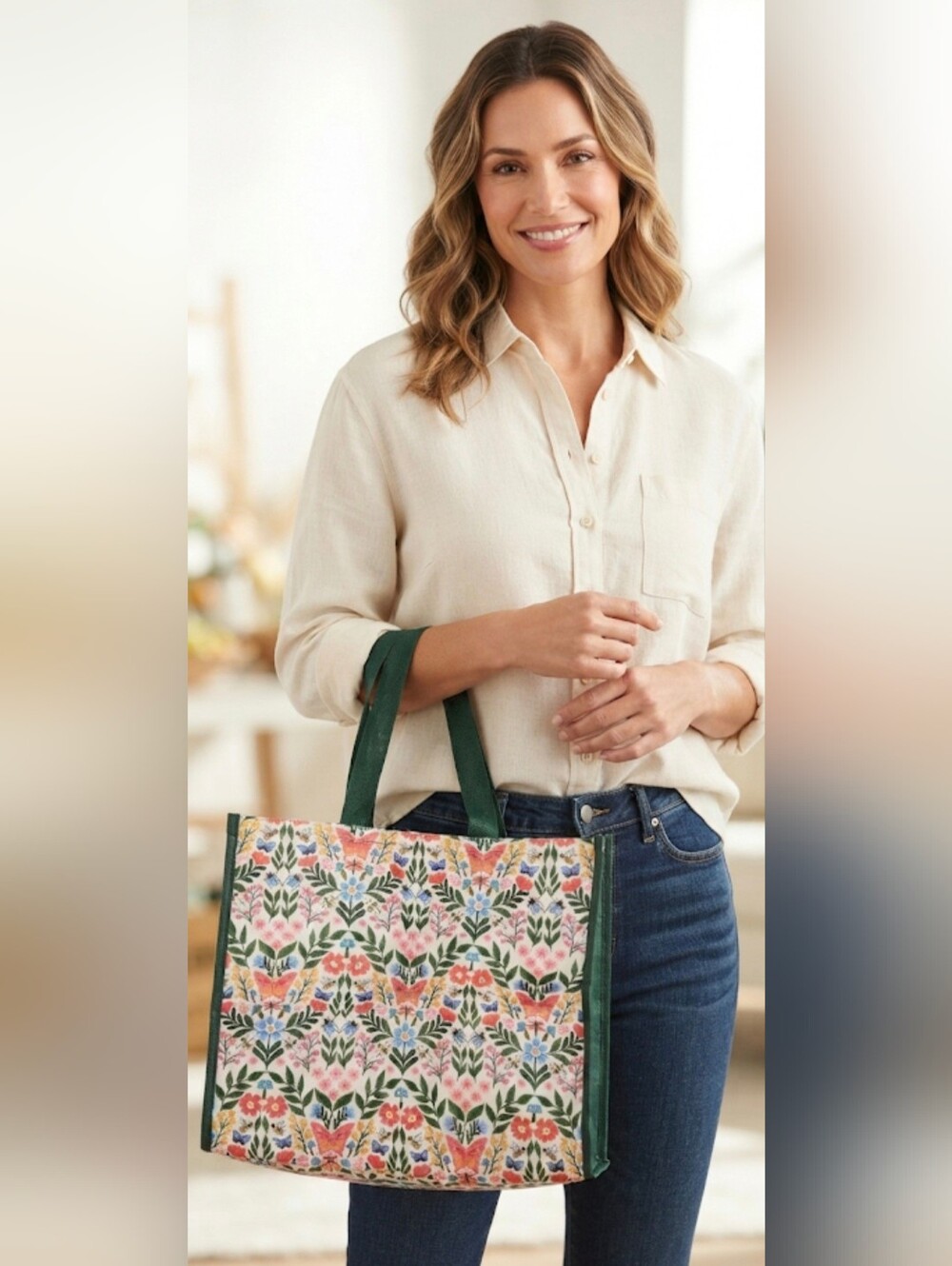 Marshalls Reusable Shopping Tote Bag Floral Butterfly Print Eco-Friendly EUC